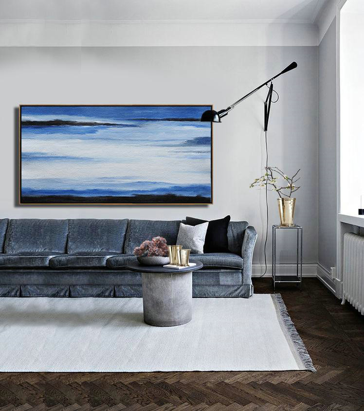Hand Made Abstract Art,Hand Painted Panoramic Abstract Painting,Modern Art,Blue,White,Black.etc